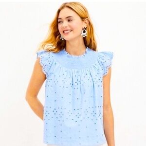 LOFT NEW NWT Blue Eyelet Smocked-Neck Flutter Cap-Sleeve Cotton Small Top